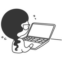 a woman is sitting at a table with a laptop vector