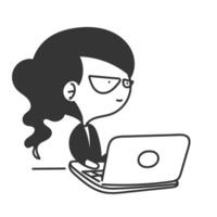 doodle a cartoon woman with glasses sitting at a computer vector