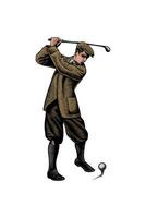 illustration of a golfer hitting a ball, in a vintage hand-drawn style vector