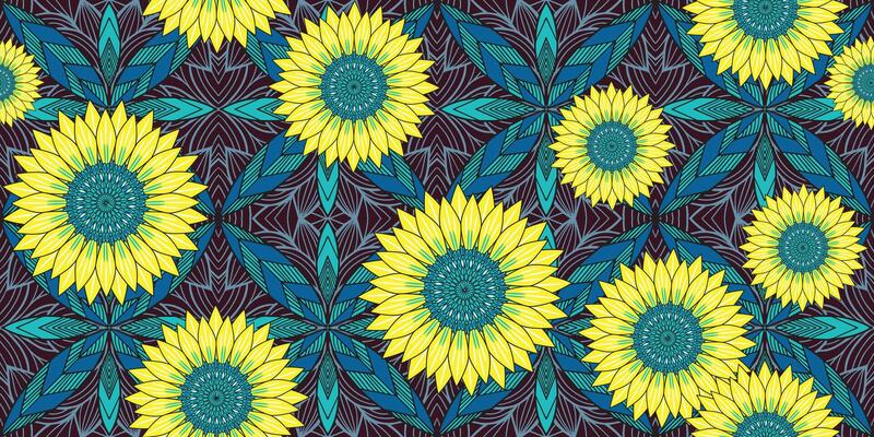 African ethnic traditional, sunflower Blue pattern. seamless beautiful Kitenge, chitenge, dutch wax style. fashion design. botanical abstract motif. Yellow floral Ankara prints and African wax prints.