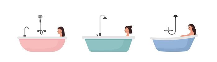 Set of people on the colorful bathtub. People bathing. Self treatment. Collection of girl take a shower. vector