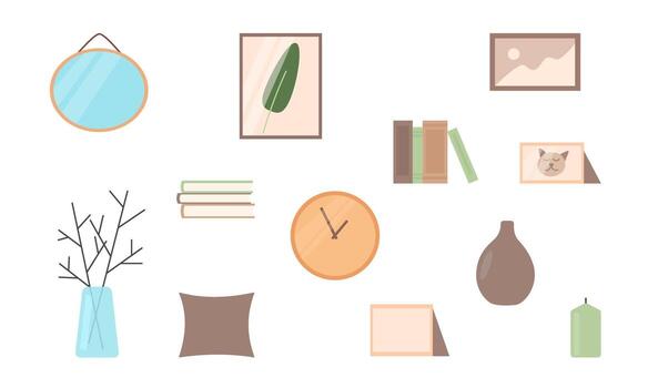 Home decoration collection including interior objects. Isolated flat elements for design such as mirror, clock and books. vector