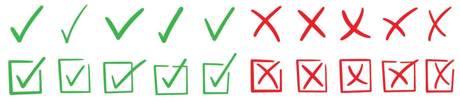 Check tick marks doodle set. Vote, yes, no, checkbox, checklist, tick and cross signs, v and x drawn concept. Hand drawn brush marker doodle sketch style illustration vector