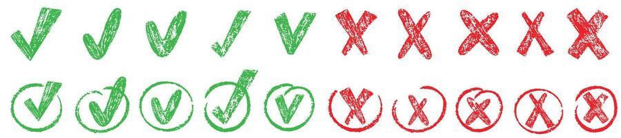 Check tick marks doodle set. Vote, yes, no, checkbox, checklist, tick and cross signs, v and x drawn concept. Hand drawn crayon doodle sketch style illustration vector