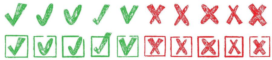 Check tick marks doodle set. Vote, yes, no, checkbox, checklist, tick and cross signs, v and x drawn concept. Hand drawn doodle crayon sketch style illustration vector