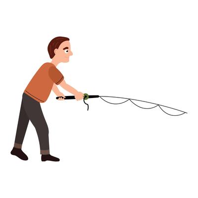 Illustration of Man Fishing with Fishing Rod. White background, isolate