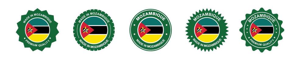 mozambique product labels set. mozambique flag, premium made in mozambique . Labels, seals, stamps, flags, icons vector