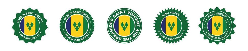 saint vincent product labels set. saint vincent flag, premium made in saint vincent. Labels, seals, stamps, flags, icons vector