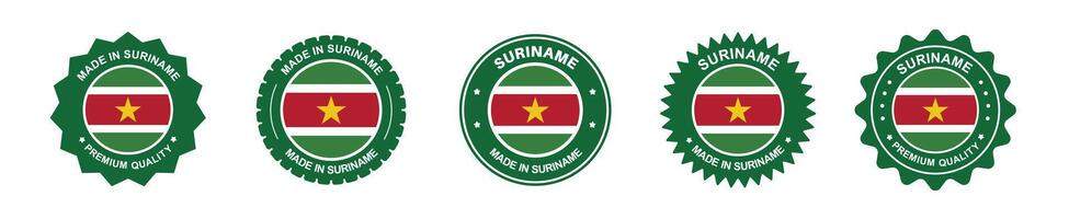 suriname product label set. suriname flag, premium made in suriname . Labels, seals, stamps, flags, icons vector