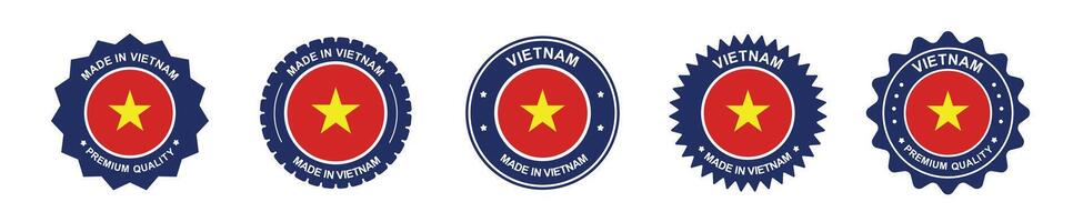 Vietnam product labels set. Vietnam flag, premium made in Vietnam. Labels, seals, stamps, flags, icons vector