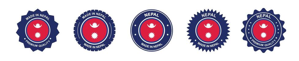 nepal product label set. Nepal flag, premium made in Nepal. Labels, seals, stamps, flags, icons vector