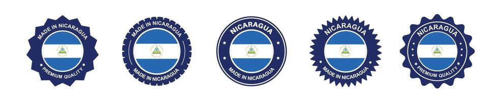 nicaragua product label set. nicaragua flag, premium made in new nicaragua . Labels, seals, stamps, flags, icons vector