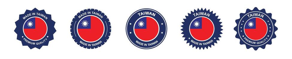 Taiwan product label set. Taiwan flag, premium made in Taiwan. Labels, seals, stamps, flags, icons vector
