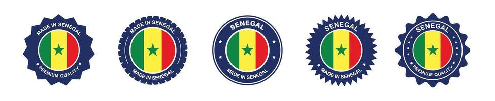 Senegal product label set. Senegal flag, premium made in Senegal. Labels, seals, stamps, flags, icons vector