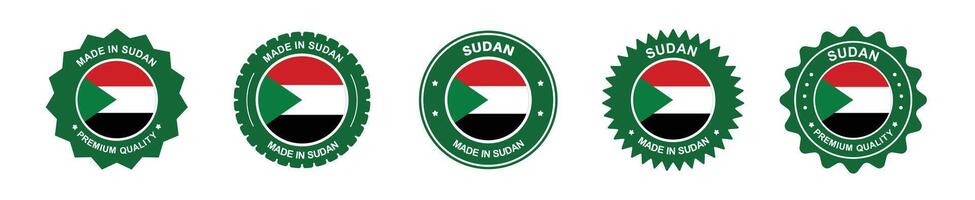 Sudan product label set. Sudan flag, premium made in Sudan. Labels, seals, stamps, flags, icons vector