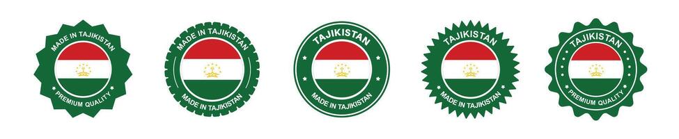 tajikistan product label set. Tajikistan flag, premium made in Tajikistan . Labels, seals, stamps, flags, icons vector