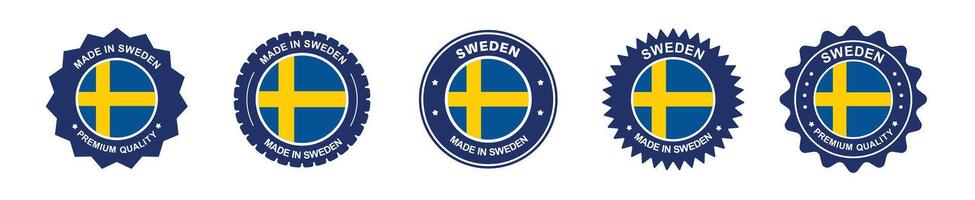 sweden product label set. sweden flag, premium made in sweden . Labels, seals, stamps, flags, icons vector