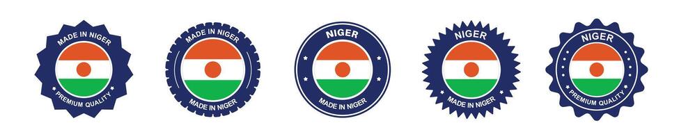 niger product label set. niger flag, premium made in new niger . Labels, seals, stamps, flags, icons vector