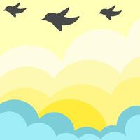 Cartoon clouds background square border with birds silhouette flyinh vector