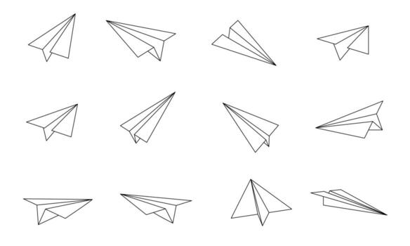 Paper plane and airplane for mail or flight with thin outline drawing and pictogram, created as web art illustration by jet design. icon vector