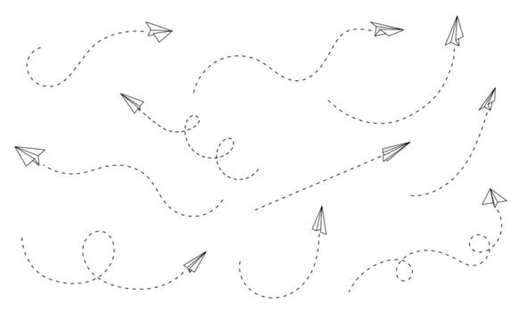 Paper plane and a line, representing a flight path, created using design. Schematic representation of an aircraft or jet, depicted as aero track or toy design. vector