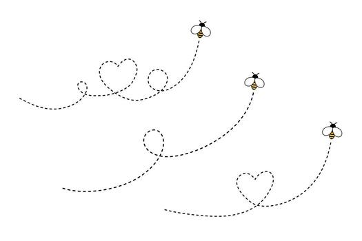 Bee flying doted heart path, line way. Bumblebee with cute wings. bug vector