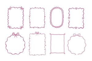 Cute hand drawn frame with ribbon and bow for wedding card or valentine menu. Pink whimsical border and decorative line by coquette doodle style. Perfect bachelorette party invitations vector