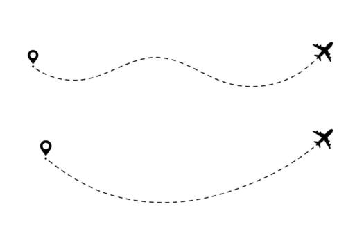 path for plane icon and travel line with air trip on the map. Route and flight traced by dash or dot toward a clear destination. Minimal airport graphic. vector