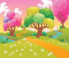 Colorful cartoon trees with a pathway vector