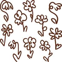 Hand drawn flower doodles in brown outline vector