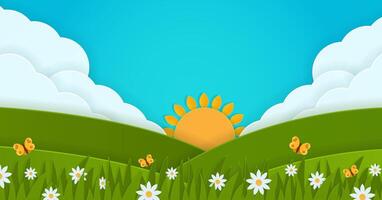 Sunrise over green hills with flowers vector