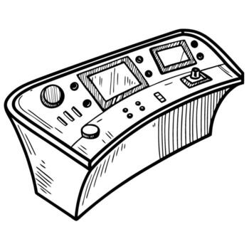 Modern control panel console illustration hand drawn dashboard with screens, buttons, joystick for technology interface vector