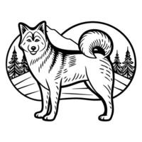 Alaskan malamute illustration strong husky dog with curled tail in winter forest scene, pine trees, snowy landscape vector