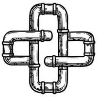 Industrial plumbing pipeline cross section interconnected steel pipes, four way junction, water utility infrastructure vector