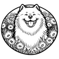 Fluffy smiling dog surrounded by blooming flowers happy canine, cheerful pet in floral circle illustration vector