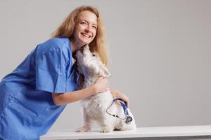 Happy Veterinarian Hugging Dog During Health Checkup in Clinic, Pet Care and Medical Treatment photo