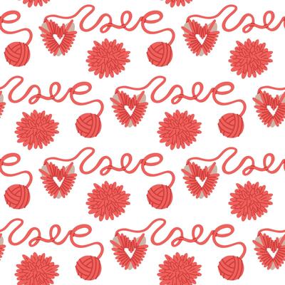 Pompom making pattern with love. thread wound on heart, ball of thread wrote the word. seamless flat colored texture. Love for hand-knitting. Packaging design for a yarn store, people who knit.