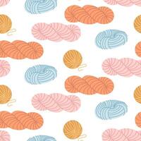 bright flat pattern depicting balls of yarn in various shades of blue, pink, orange, and yellow on white background. Theme knitting. Perfect for decorating textiles or handicrafts. Packaging branding vector