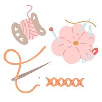 set of needlework illustrations with pins, threads wound on a carved base, and a cross-stitch pattern with a needle on a white background. Tools for sewing, handicrafts, hobbies, and workplace crafts. vector