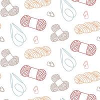 Pattern knitting. variety of yarn balls, looped needles, and colored outline pin on a white background. creative flat, seamless design showcasing colorful hand-knitted items. colorful doodle with love vector