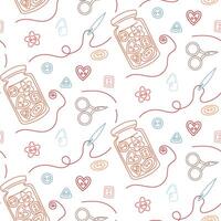 Sewing pattern. Glass jar with buttons, scattered, needle and thread, scissors in colored outlines on white. Creative flat seamless design showcasing colorful handmade sewing. Colorful doodle cozy vector