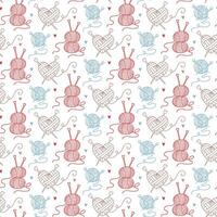 Pattern knitting. Various balls of yarn with knitting needles in different colored outlines on a white. creative flat, seamless design showcasing colorful hand-knitted items. colorful doodle with love vector