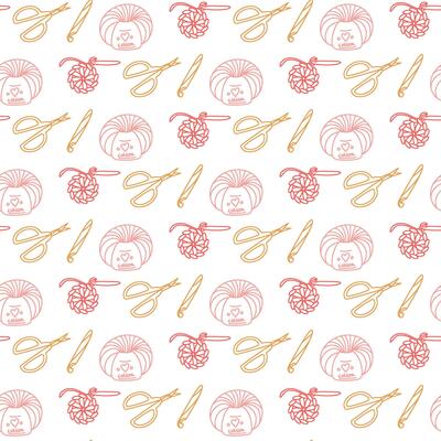 Pattern of objects in the knitting theme. Hook, yarn, scissors, napkin in the doodle color pink, red outline. Suitable for designing prints, packaging, fabrics, blogs, and handmade workshops