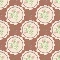 Seamless pattern of round embroidery hoops with fabric, embroidered flowers with a needle and thread on dark. Seamless flat color texture. packaging that supports the concept of needlework. handmade vector