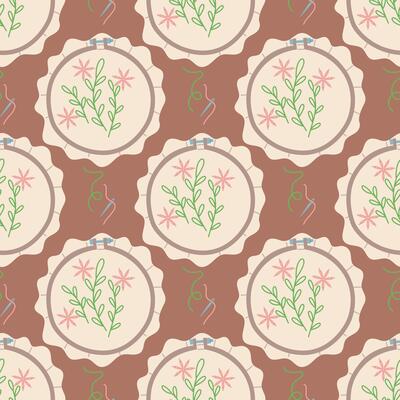 Seamless pattern of round embroidery hoops with fabric, embroidered flowers with a needle and thread on dark. Seamless flat color texture. packaging that supports the concept of needlework. handmade