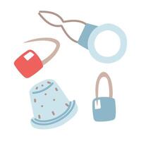 A set of accessories for sewing and knitting. A needle-holder, a thimble, and a pin. A flat color illustration. Isolated items for working with threads, yarn, and various fabrics. Handmade vector