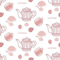 Knitting pattern for coziness. teapot, cup in mini sweaters, crocheted in colored outlines on a white. creative flat, seamless design showcasing colorful hand-knitted items. colorful doodle with love vector