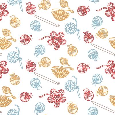 Pattern with crocheted items. Crochet hook, yarn, napkin, flower, half-ball in scribble style, colored. Suitable for creating prints, packaging, fabrics, blogs, handmade workshops. hand Made with love