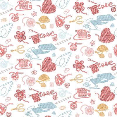 Pattern with knitting items. Knitting needles, hooks, threads, yarn, scarf, heart, scissors doodle colors outline. Creative flat seamless design for packaging, branding of knitted items. Made love