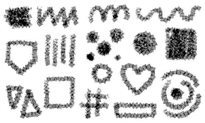 set of geometric shapes drawn by hand with strokes. Shapes, lines, circle, rectangle. Printing with noise, printing with ink, printing with ink. Multi-layered lines. A group of lines in the shape of